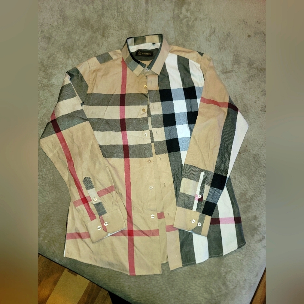 Mens Burberry Style Beige Plaid Shirt Large Slim Fit